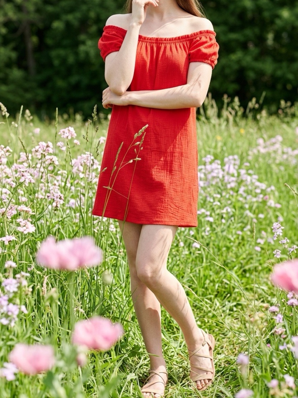 Red Off-Shoulder Puff Sleeve Dress